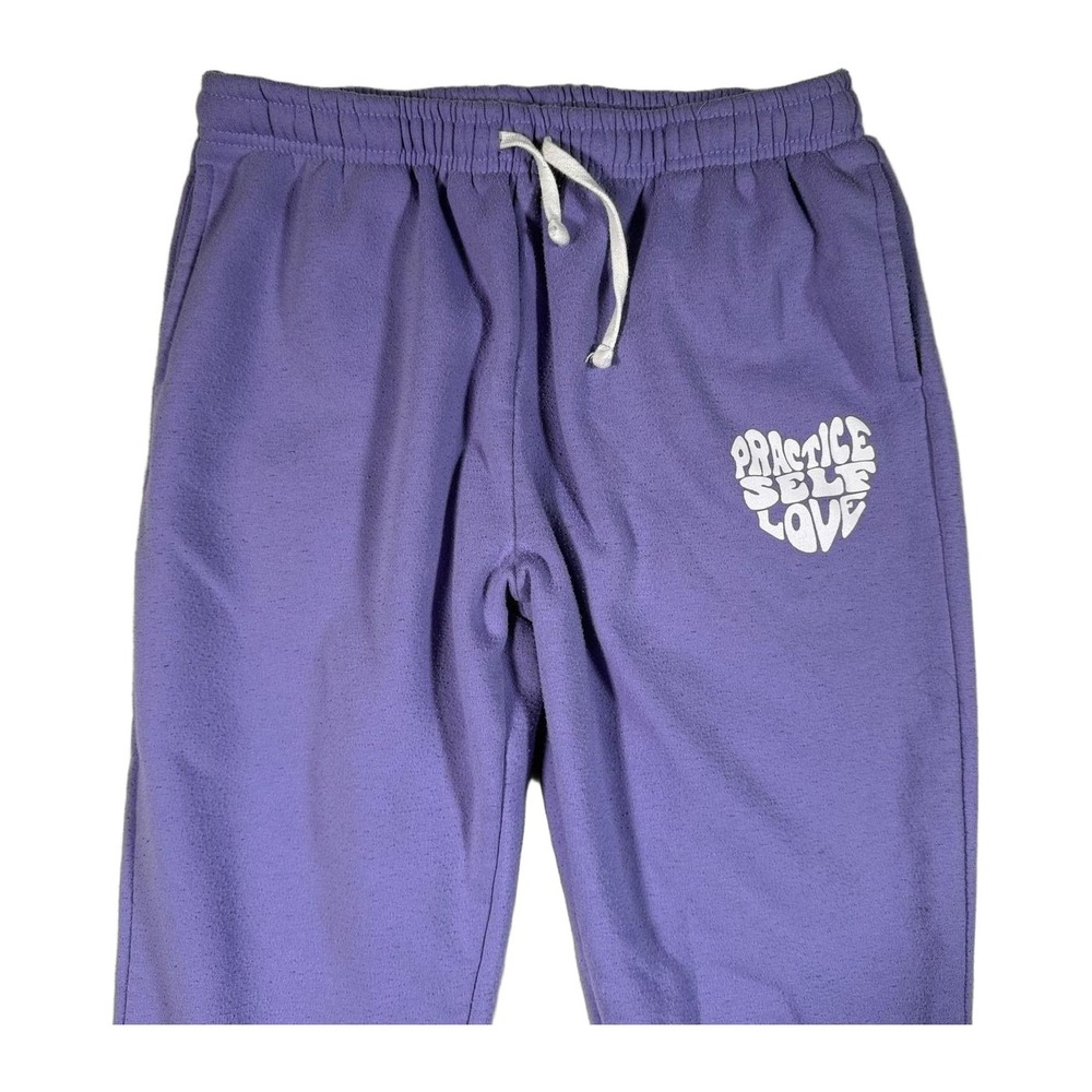Brooklyn Cloth Purple "Practice Self Love" Heart Graphic Sweatpants Joggers Sz L